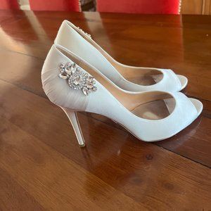 Badgley Mischka white satin heels